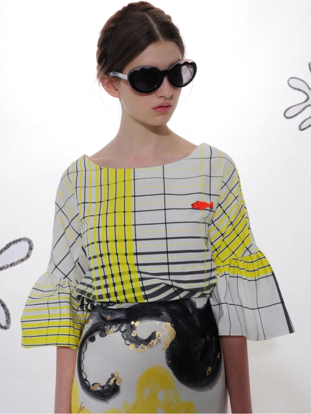 Tsumori Chisato Japan Top Blouse yellow black plaid Lace M Abstract Art